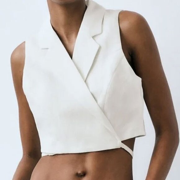 Zara Tops - NWT Zara Wrap Around Crop Vest Top S White Lined